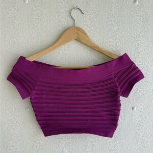 bebe Off-Shoulder Ribbed Crop Top in Magenta Purple